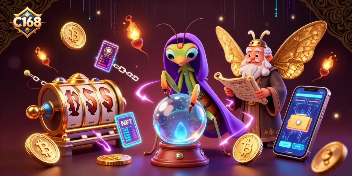 C168 players engaging in thrilling slot games surrounded by vibrant crypto elements