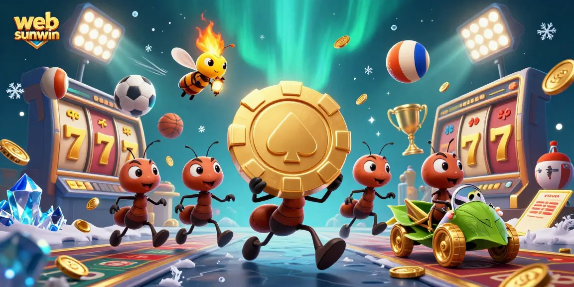 Catch the excitement of web sunwin with ants on a heist, dynamic sports elements, and a golden poker chip.