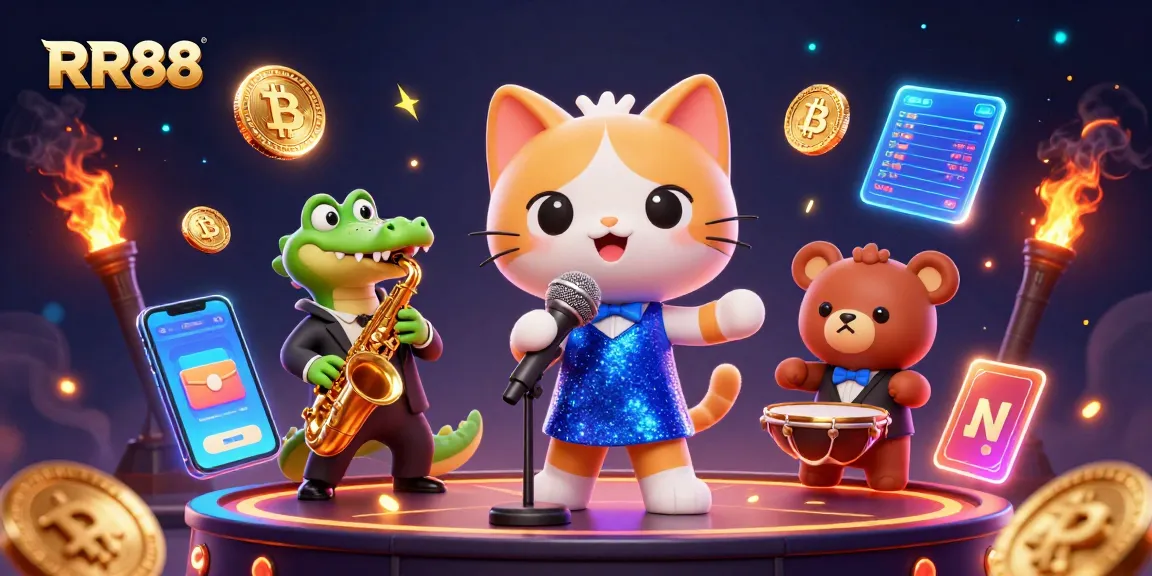Experience the vibrant RR88 casino scene featuring a jazz-singer cat, an engaging crocodile, and a bear cub in an entertaining performance.
