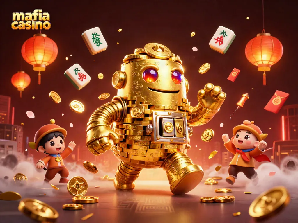 Play thrilling games at mafia casino with a dynamic scene of golden golem surrounded by casino elements.