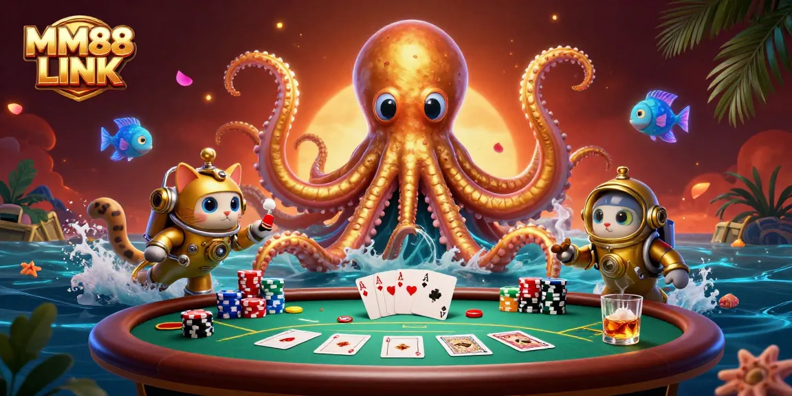 Engage in thrilling gameplay with MM88 LINK featuring a kraken and diving cat at a poker table.