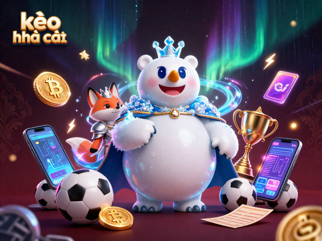 Experience kèo nhà cái with an energetic sports betting scene featuring a polar bear and a snow fox surrounded by dynamic elements.