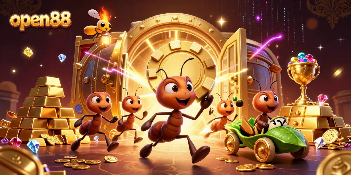 Open88's dynamic gaming experience illustrated with ants carrying a golden poker chip in a heist.