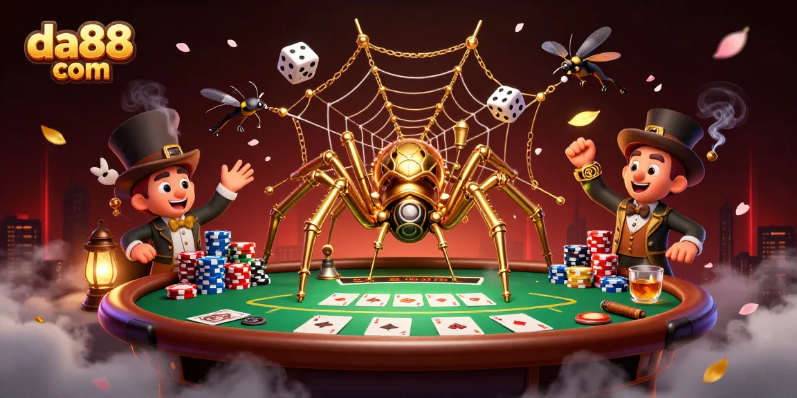 Engage with da88 com at this vibrant 3D scene featuring steampunk characters and poker elements.
