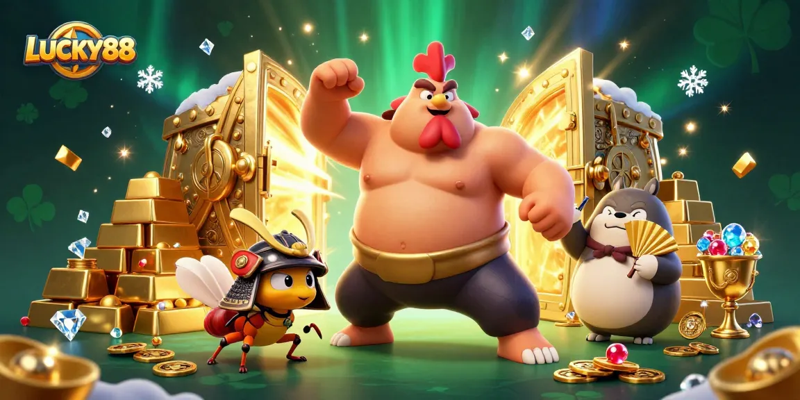 LUCKY88 showcases an exhilarating 3D casino scene with powerful characters amid treasure and excitement.