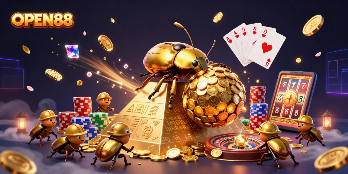 Experience the excitement of OPEN88 with vibrant casino elements and a dynamic golden beetle scene.