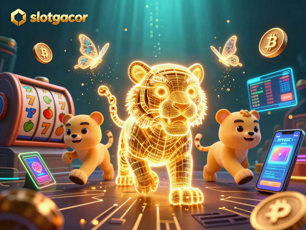 Engage with slotgacor in a vibrant 3D casino scene featuring a golden tiger and crypto elements.