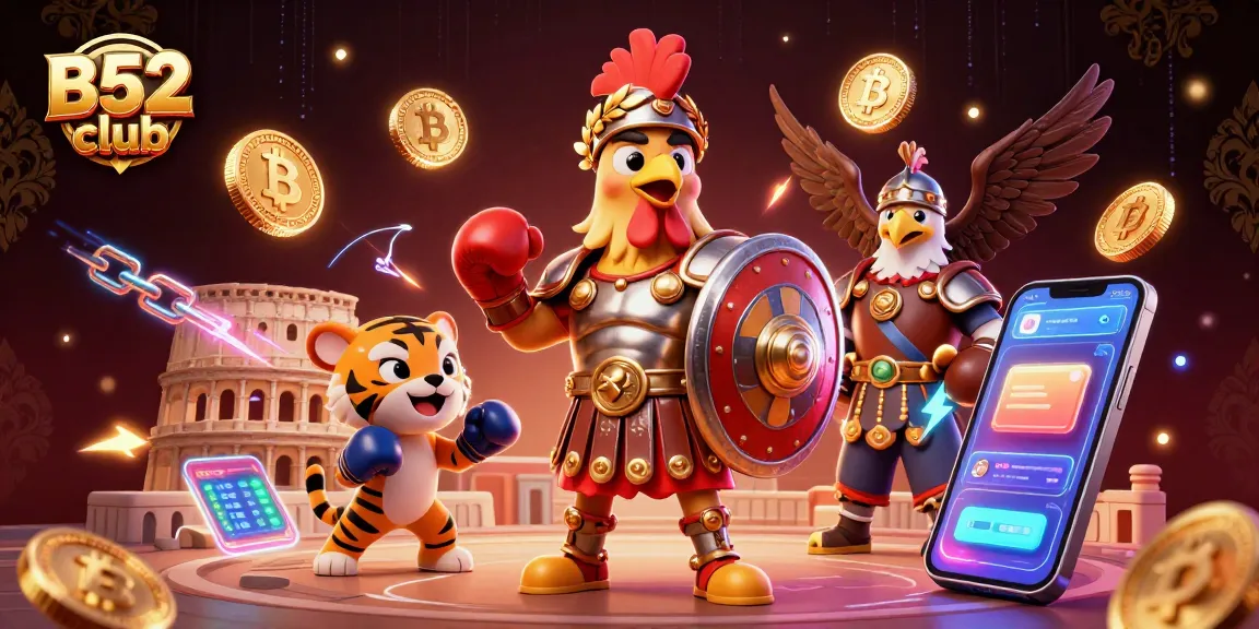 B52 club gamblers strategizing gameplay amidst digital coins and vibrant casino elements