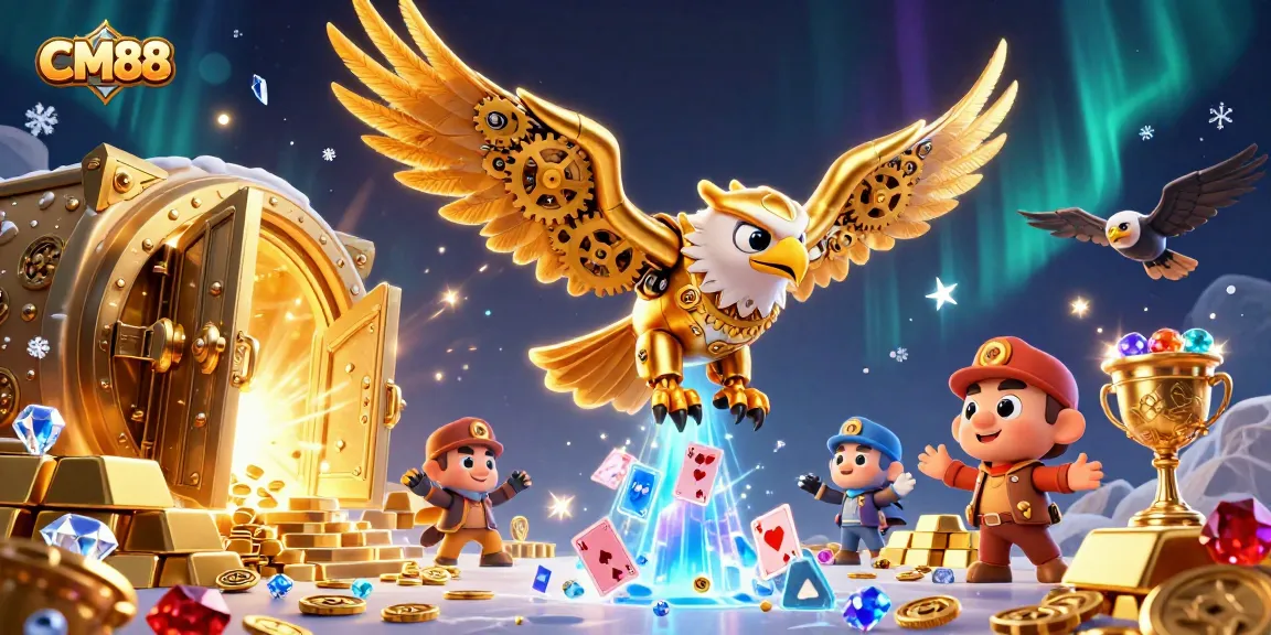 Experience excitement at CM88 with a dazzling 3D casino scene featuring a golden eagle and treasure.