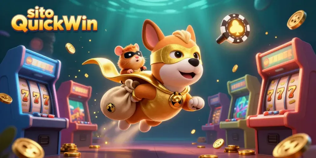 Gioca e vinci sul sito QuickWin con il cane eroe e la sua mascotte in un'illustrazione vivace.
