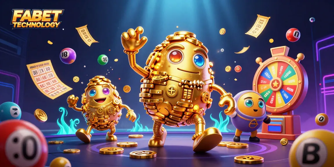 Experience excitement with FABET TECHNOLOGY's vibrant lottery-themed 3D illustration of games and prizes.