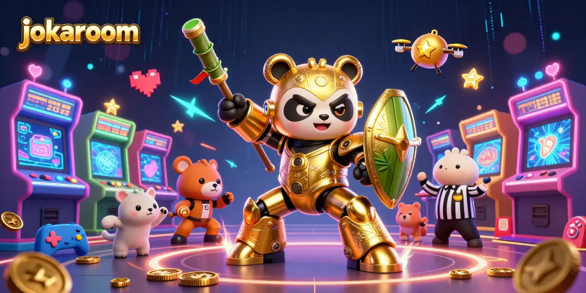 Engage with jokaroom's vibrant gaming scene showcasing a mech-suit panda amidst arcade elements.