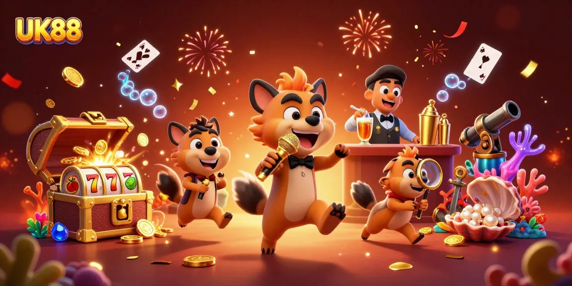 Experience the vibrant comedy scene of UK88 with hyena characters, slot elements, and rich casino details.