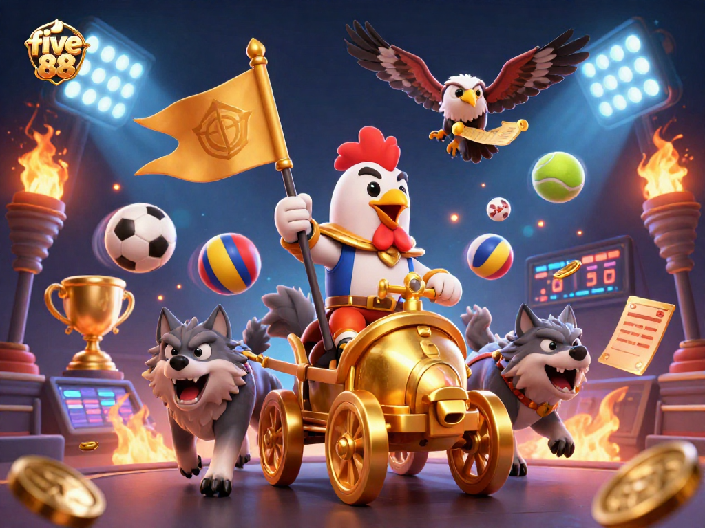 Engage in thrilling betting action with five 88, featuring a rooster warlord, sports elements, and dynamic gameplay.