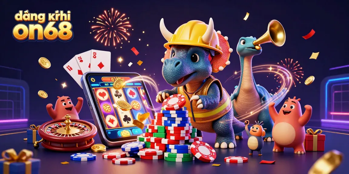 Engage in đăng ký on68 and join the fun with a vibrant casino scene showcasing animated characters celebrating casino wins.