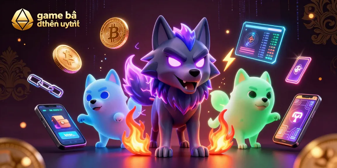 Engage in game bài đổi thưởng uy tín with glowing characters amid crypto elements and casino flair.