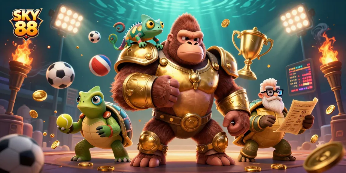 Engage with SKY 88 in this dynamic 3D casino scene featuring exciting sports betting elements.