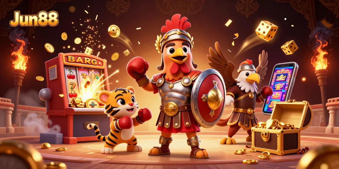 Experience thrilling gameplay at Jun88 with a dynamic 3D illustration featuring casino action.