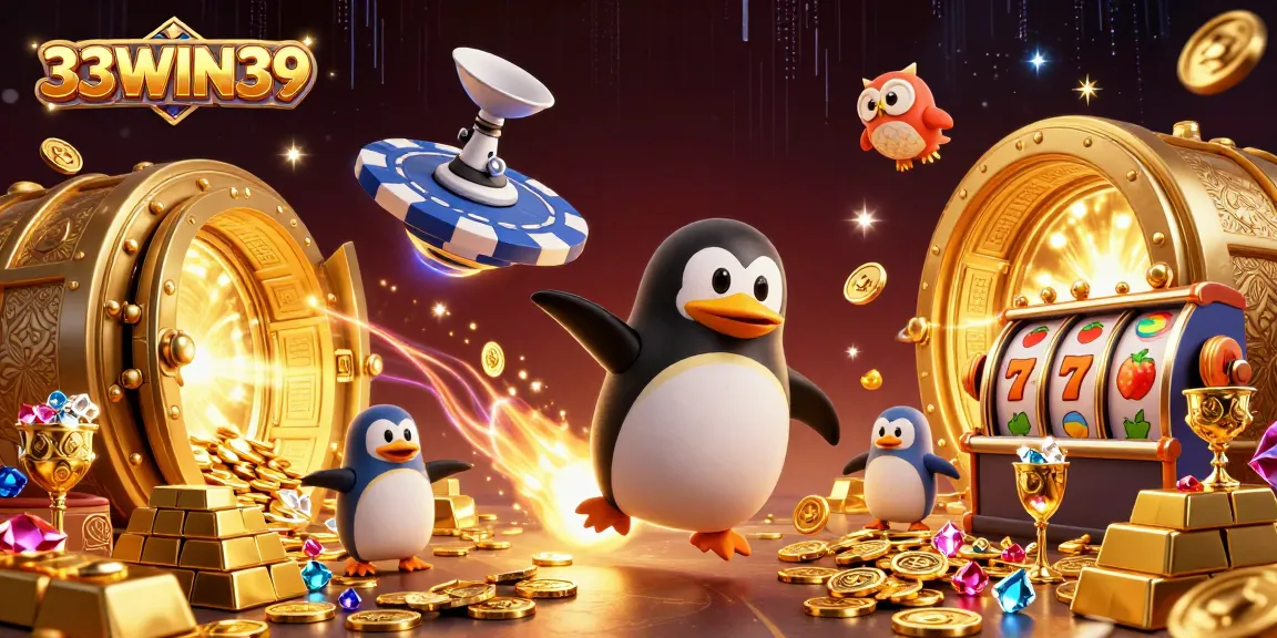 Engage with the thrilling adventure of 33WIN39, featuring a dynamic 3D cartoon penguin in a vibrant casino setting.