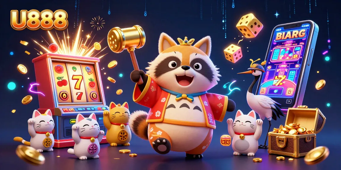 Experience U888 with a cheerful tanuki and lucky symbols in an exciting 3D casino scene.