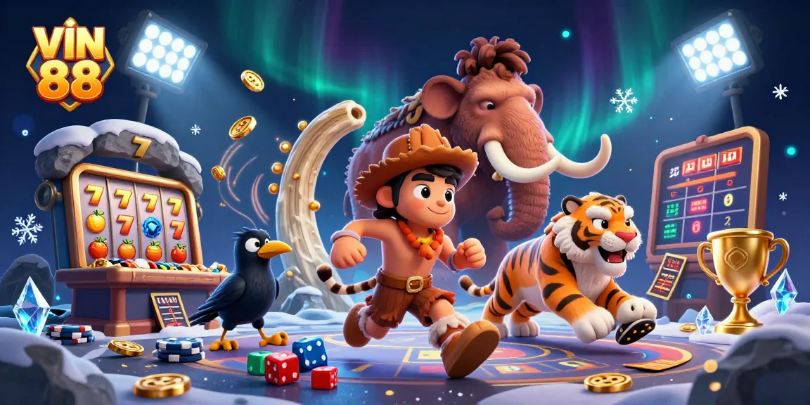Enjoy thrilling gaming at VIN 88 with captivating prehistoric casino characters, slot reels, and jackpots.