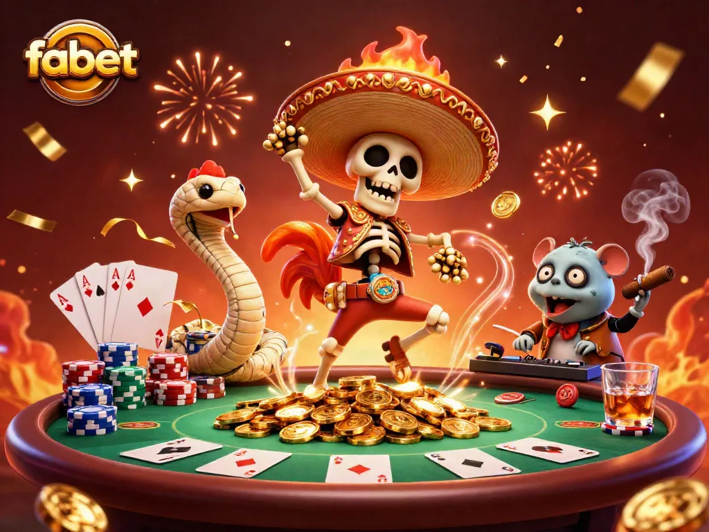 Experience the excitement of fabet with vibrant characters celebrating casino wins amidst poker elements.