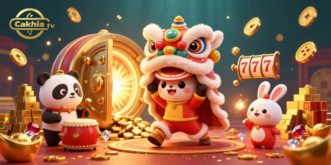 Experience thrilling gaming action with Cakhia tv showcasing a vibrant cartoon illustration filled with slot reels and festive characters.