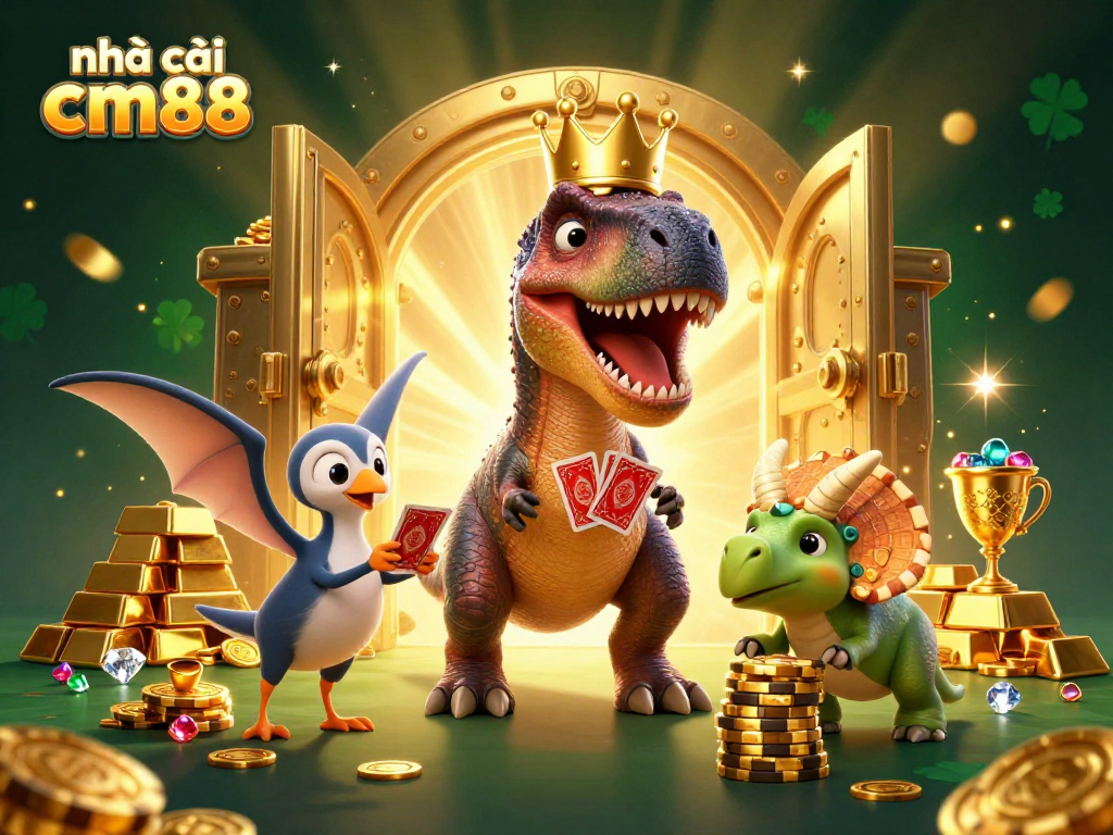 Engage with exciting games at nhà cái cm88 featuring a T-Rex shuffling cards and stacked golden chips.