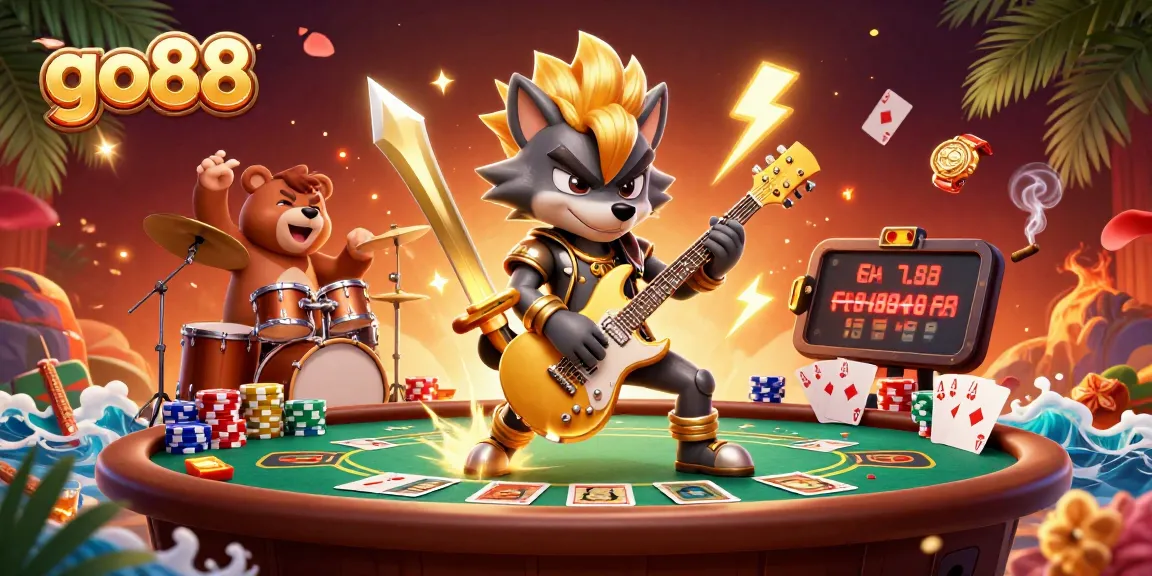 Go88 rock star wolf performing on a vibrant casino stage, surrounded by poker elements.