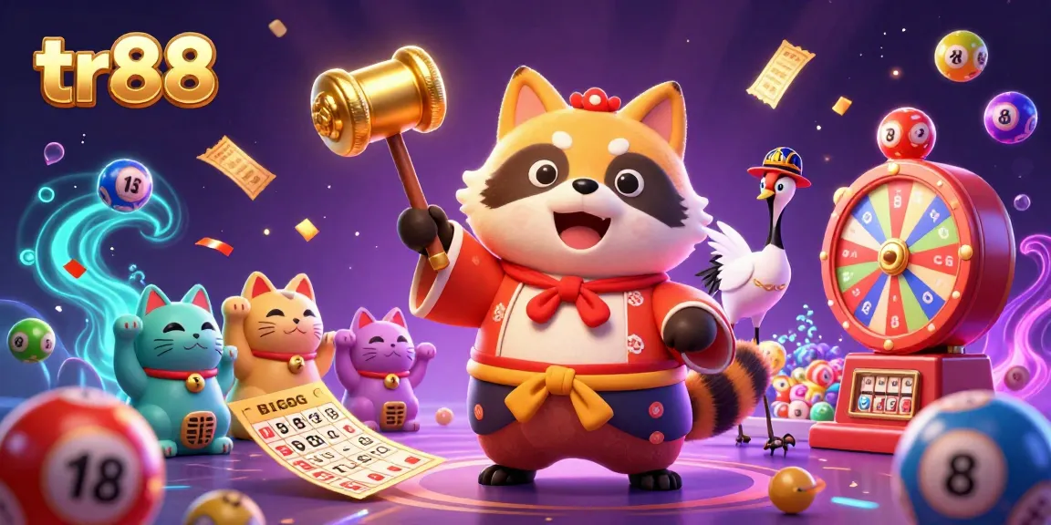 Experience the excitement of tr88 with joyful tanuki, colorful lottery elements, and vibrant gaming atmosphere.