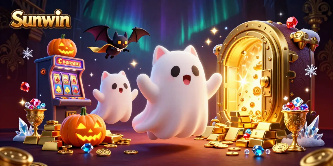 Sunwin brings thrilling gaming to life with a ghostly cat and bat in a haunted casino scene.