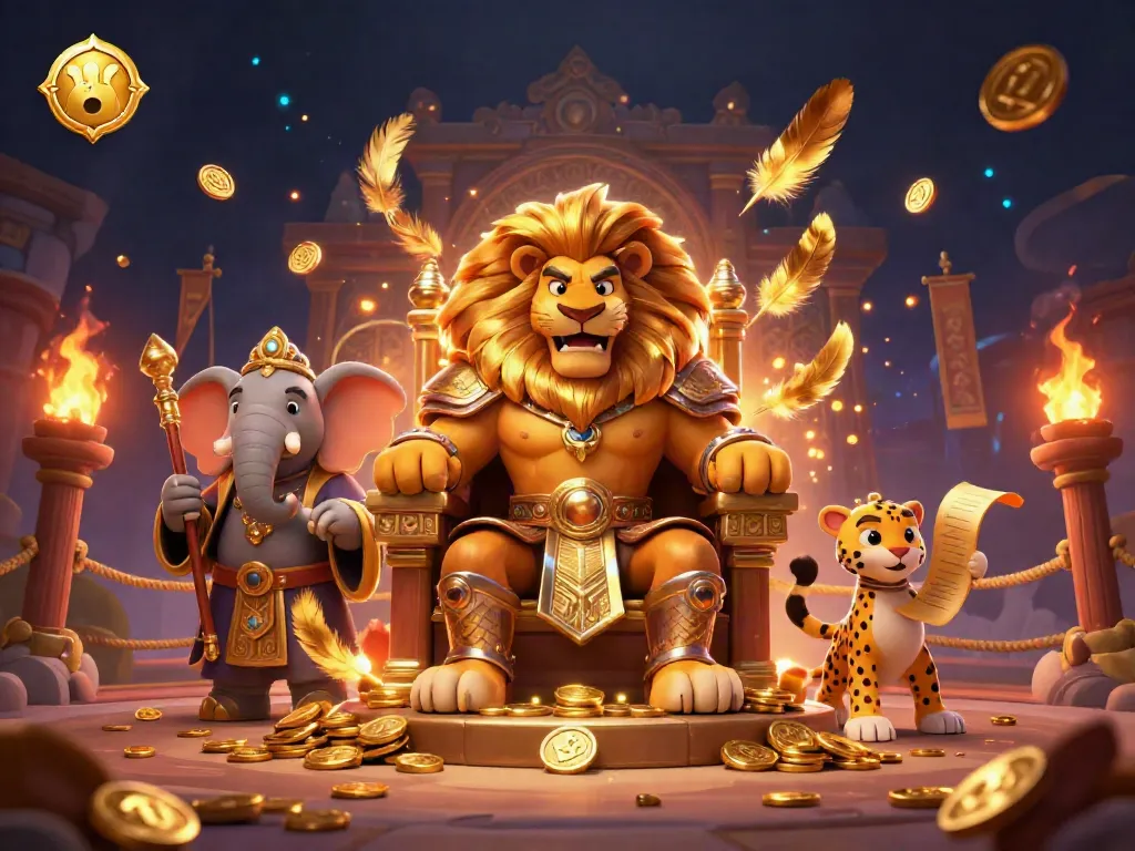 Experience the thrill of GK88 with a fierce lion king and engaging elements in a vibrant casino scene.