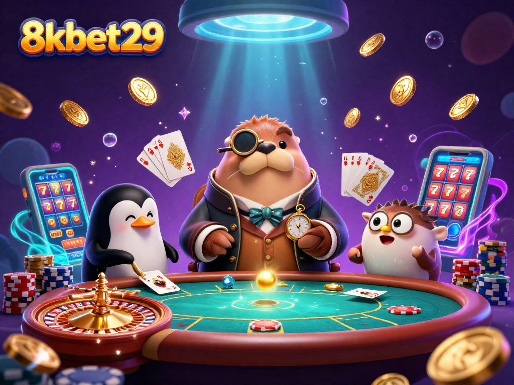 Engage with the vibrant underwater poker scene featuring 8kbet29's cartoon walrus and dealer