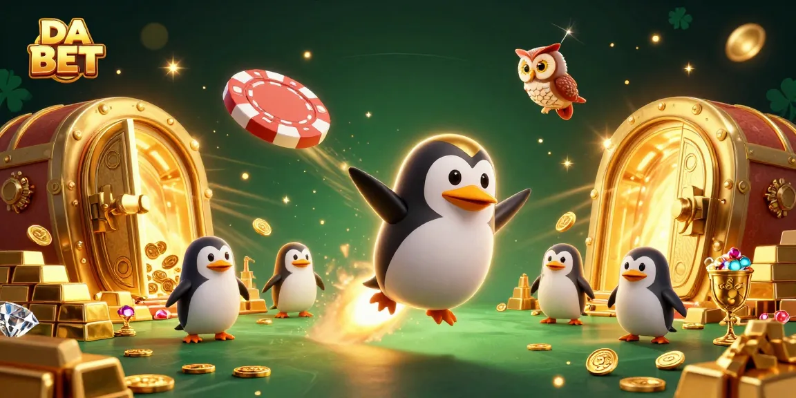 Engage with DA BET as a golden penguin flies toward a casino, surrounded by treasures and excitement.