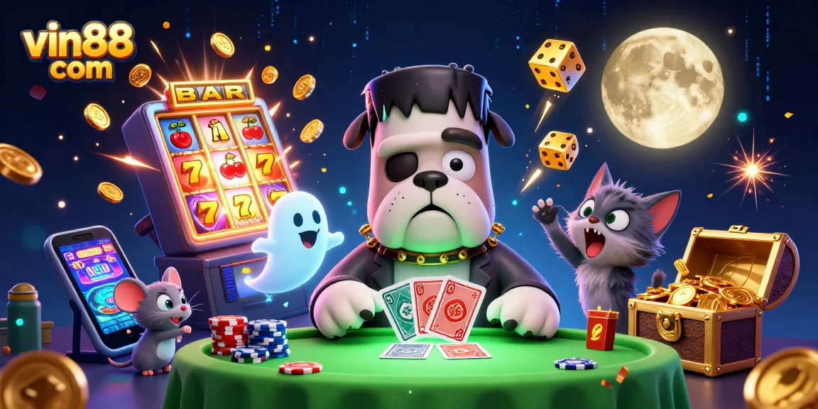 Play exciting games at vin88 com in this lively casino illustration with characters and jackpots.