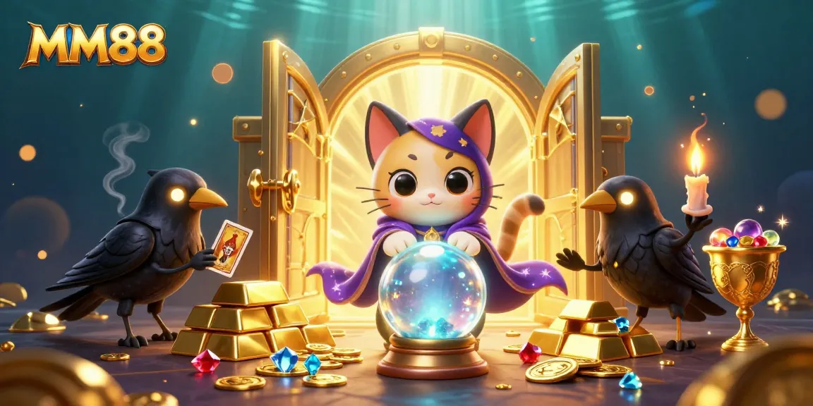 Experience the exhilarating world of MM88 with a mystical cat and glowing raven in a vibrant casino atmosphere.