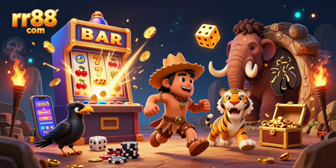 Experience thrilling gaming at rr88 com with a vibrant prehistoric casino scene featuring dynamic characters and rich details.