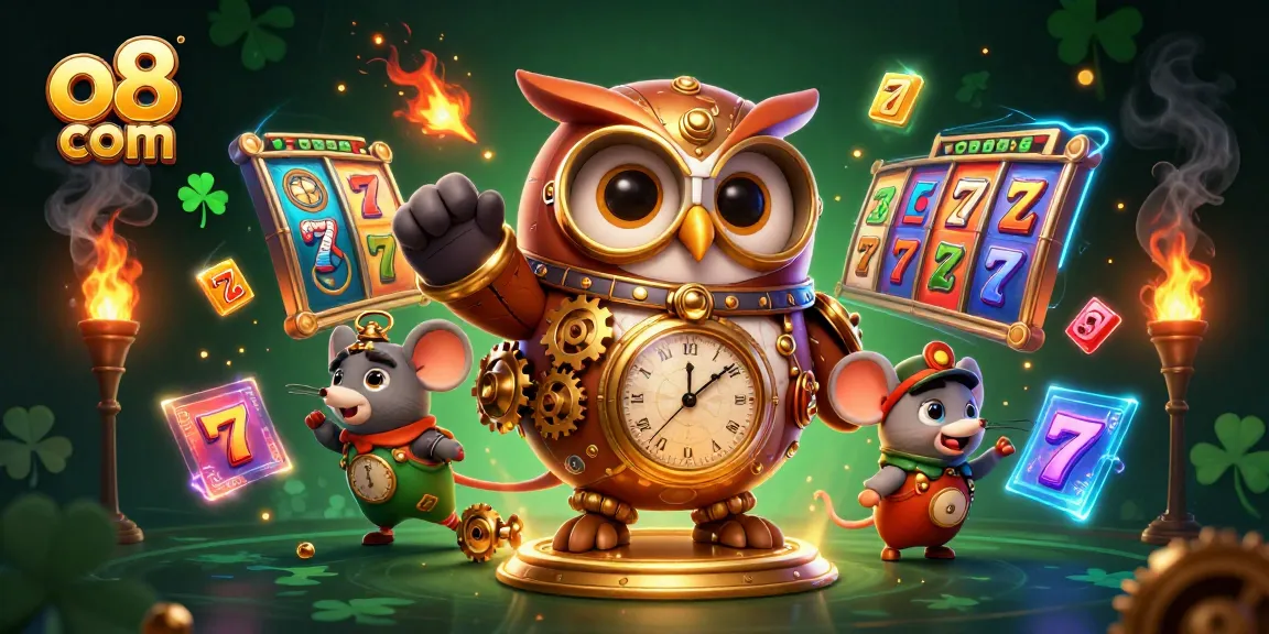 Spin the reels at o8 com with a steampunk owl and an interactive casino scene showcasing high-stakes gameplay.