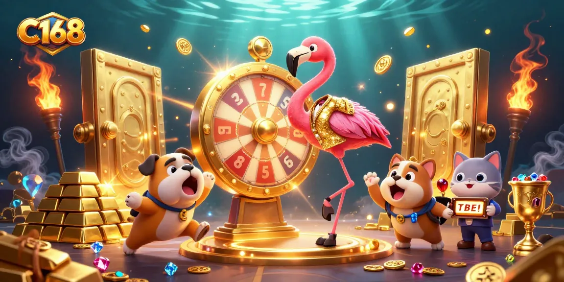 C168 gaming experience illustrated with a vibrant 3D scene showcasing a flamingo host, bulldog contestant, and cat assistant amid treasures.