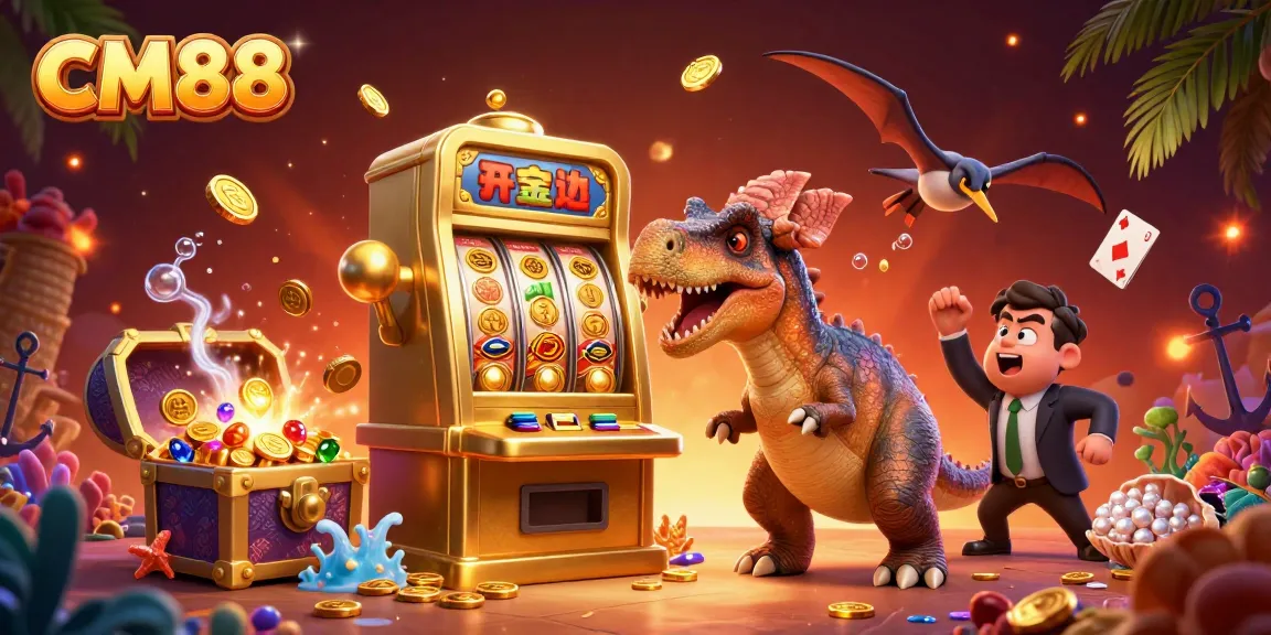 CM88 jackpot explosion as a pachycephalosaurus interacts with the slot machine amidst colorful aquatic gems.