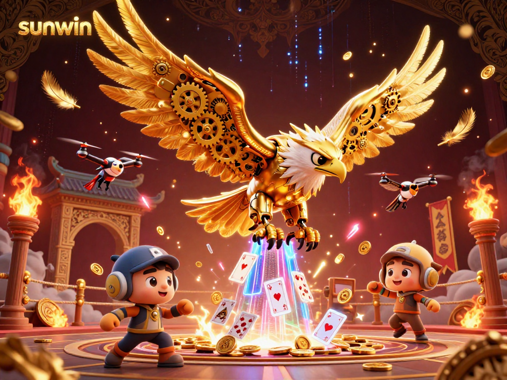 Engage with exciting games at Sunwin, where a golden eagle soars through holographic playing cards.