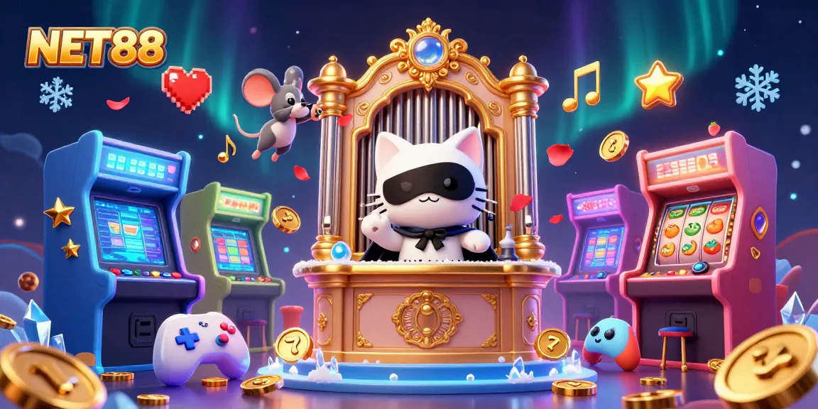 Experience the excitement of NET88 with a vibrant 3D casino scene featuring a captivating white cat and arcade elements.
