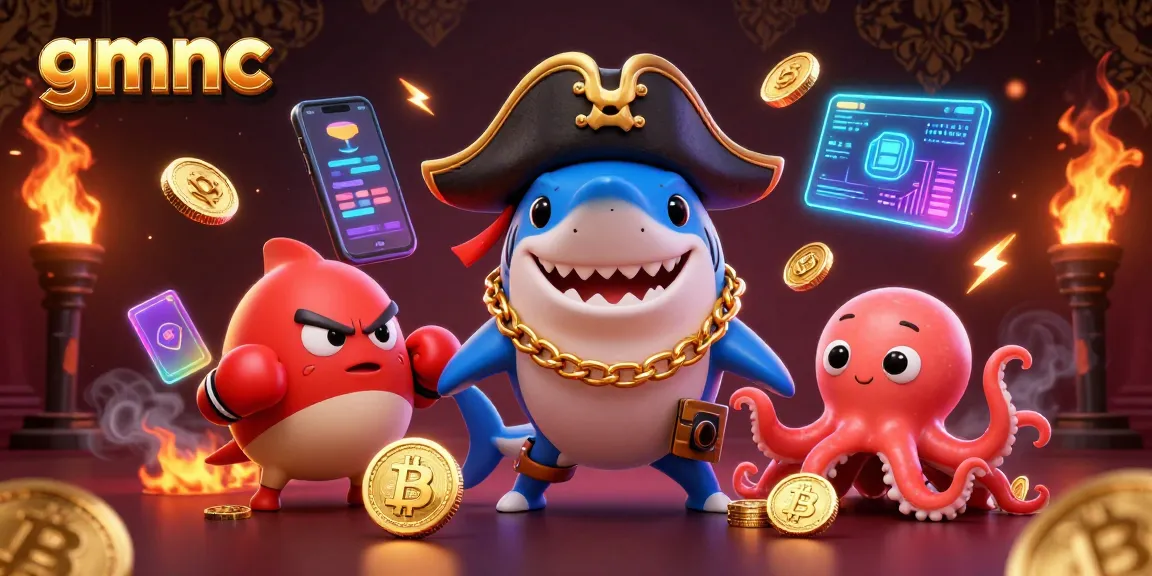 Engaging gmnc casino scene featuring a pirate shark, pufferfish, and octopus with gold coins