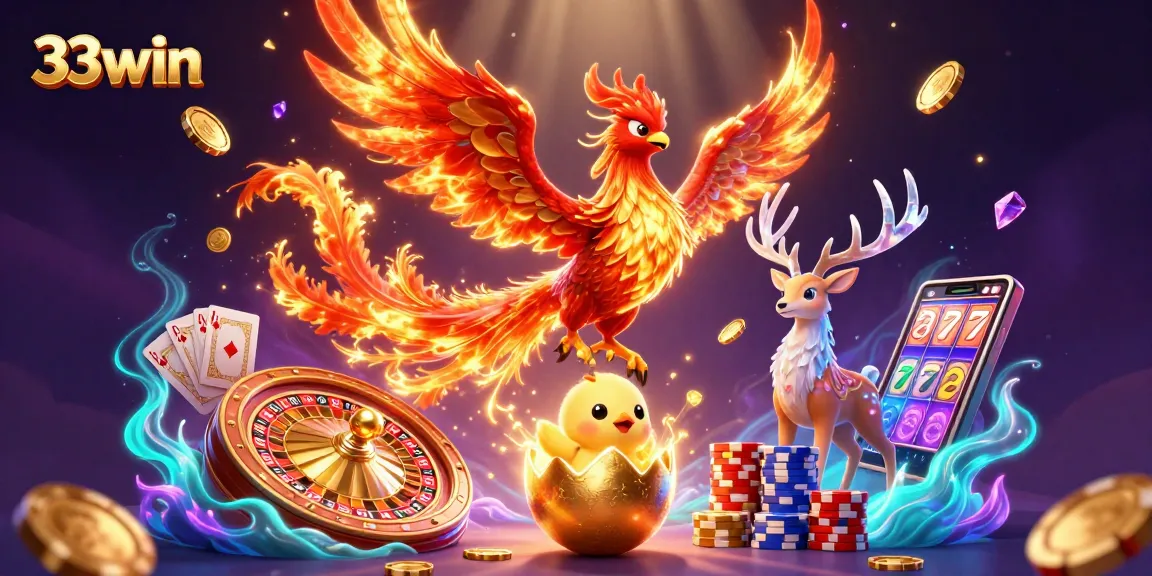 Experience 33win's captivating casino scene with a phoenix and vibrant games.