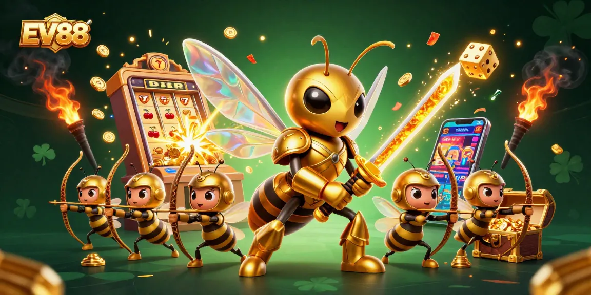 Engage in winning with EV88 as the golden hornet and bee archers celebrate a jackpot explosion.