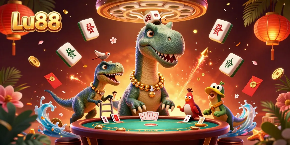 Experience thrilling games at Lu88 with a unique 3D cartoon illustration showcasing fun casino elements.