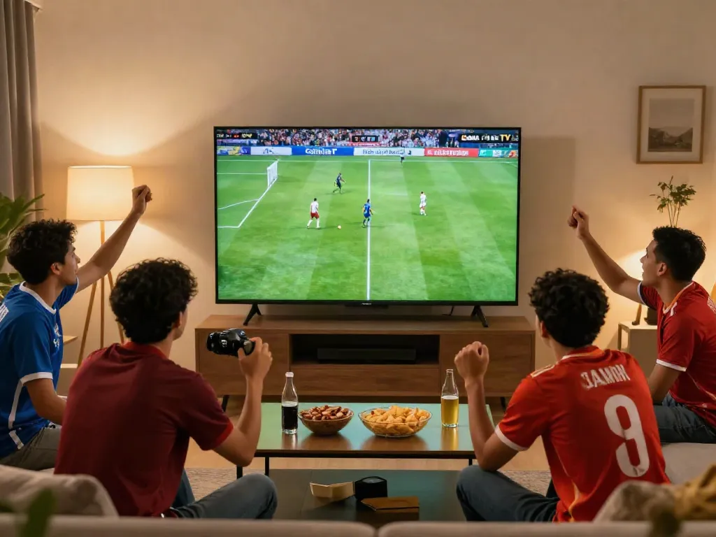 Fans enjoying a live soccer match on CakhiaTV in a vibrant living room.