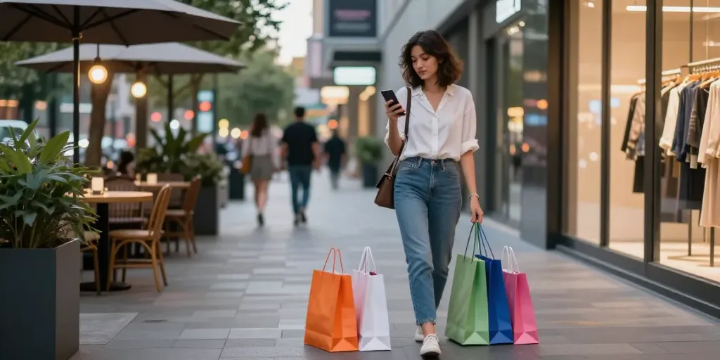 Engaging lifestyle shot showcasing rokok88 fashion influencer shopping outdoors.