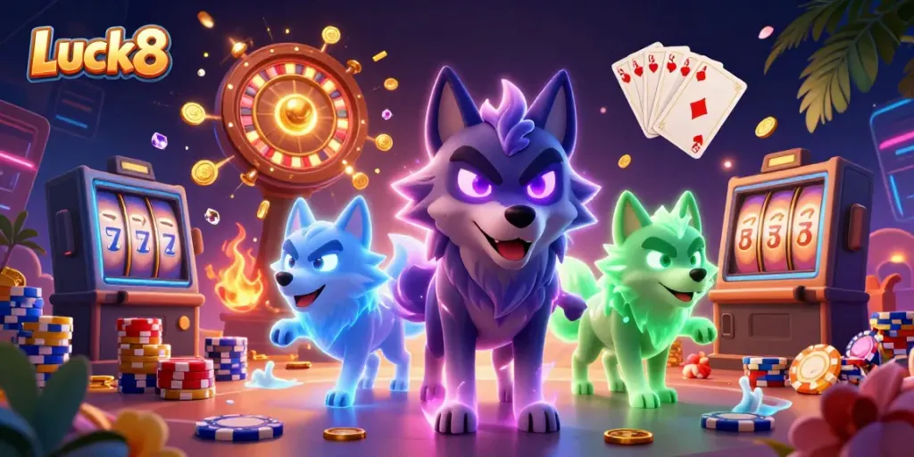 Luck8 showcases a dynamic casino scene with a shadow wolf leader and ghostly companions amidst shimmering rewards.