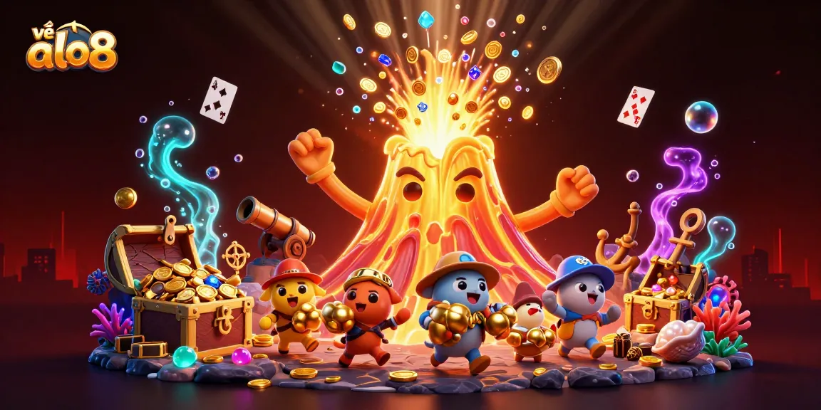Experience thrilling gameplay about về alo8 with a golden volcano erupting treasures in vibrant scenes.